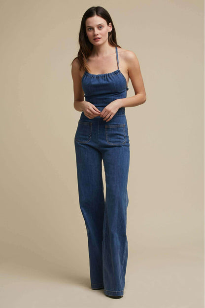 Flared Denim With Tie Back Jumpsuit